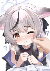 1girl 1other :t ? animal_ears aoraine artist_name bare_shoulders black_dress blue_archive breast_cutout cheek_pinching china_dress chinese_clothes clenched_hands commentary dot_nose dress english_commentary halo hand_on_another&#039;s_face head_steam kokona_(blue_archive) light_blush long_hair looking_at_viewer multicolored_hair one_eye_closed orange_eyes pinching shirt solo_focus sweatdrop white_background white_shirt