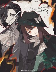 Rule 34 | 1girl, absurdres, black background, black cape, black hat, brown hair, burnt, cape, english text, gloves, green gloves, greta hofmann, hand up, hat, head tilt, highres, hl (iamawhitehippo), looking at viewer, neckerchief, photo (object), red eyes, reverse:1999, semmelweis (reverse:1999), smile, upper body, watermark, weibo watermark, white neckerchief, yuri