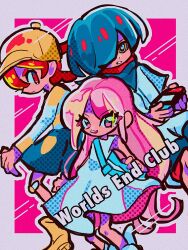 1girl 2boys bag bandaid bandaid_on_knee bandaid_on_leg bare_arms bare_shoulders baseball_cap blue_bag blue_eyes blue_hair blue_scarf blue_shorts blue_sleeves blunt_bangs boots border buckle character_request che_che_che closed_mouth commentary copyright_name dot_nose dress eyelashes feet_out_of_frame frown full_body grey_border grey_outline hair_between_eyes hair_over_one_eye halftone handheld_game_console hashtag-only_commentary hat highres holding holding_handheld_game_console long_hair long_sleeves multicolored_eyes multiple_boys nintendo_switch open_mouth outline outside_border parted_lips pink_background pink_eyes pink_hair pleated_dress pointy_nose red_eyes red_hair ringed_eyes scarf shirt short_hair short_sleeves shorts shoulder_bag sleeveless sleeveless_dress smile sparkling_eyes striped_clothes striped_shirt t-shirt teeth tsurime two-sided_sleeves two-tone_eyes upper_teeth_only vanilla_(world&#039;s_end_club) very_long_hair white_boots white_dress white_shirt world&#039;s_end_club yellow_boots yellow_eyes yellow_hat
