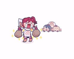 alfonse_(fire_emblem) animated animated_gif anna_(fire_emblem) blinking blonde_hair blue_eyes blue_hair blush braid chibi crying fire_emblem fire_emblem_heroes gloves green_eyes hood kiran_(fire_emblem) long_hair money_bag multiple_girls mushi_rags nintendo open_mouth ponytail red_hair sharena_(fire_emblem) short_hair simple_background smile