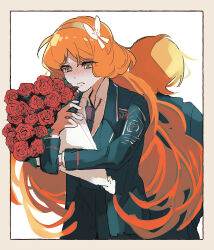 Rule 34 | 2girls, back-to-back, black jacket, blonde hair, blush, bouquet, bow, collared shirt, cowboy shot, don quixote (project moon), flower, freckles, frown, green eyes, hair bow, hairband, highres, holding, holding bouquet, ishmael (project moon), jacket, lapels, limbus company, long hair, multiple girls, nakame77, necktie, orange hair, project moon, red flower, red rose, rose, shirt, very long hair, yuri