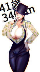 Rule 34 | 1girl, absurdres, black hair, breasts, cleavage, collarbone, curvy, earrings, female focus, genderswap, genderswap (mtf), hand on own hip, hat, highres, huge breasts, jewelry, lafitte (one piece), lipstick, makeup, medium hair, one eye closed, one piece, qosajv, solo, teeth, top hat, upper teeth only, white background, wink