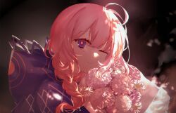 1girl ahoge blue_eyes blurry bouquet braid commentary_request depth_of_field flower highres hood hooded_jacket jacket kaf_(kamitsubaki_studio) kamitsubaki_studio long_hair looking_at_viewer one_eye_closed pink_hair rio_(fantasticxiran) smile solo upper_body yellow_pupils