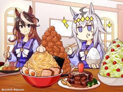 2girls ahoge blue_eyes blush bowl brown_hair chopsticks closed_mouth commentary_request eating food grey_hair hair_between_eyes hair_ornament hamburger_steak multiple_girls oguri_cap_(umamusume) rice_bowl school_uniform sweat symboli_rudolf_(umamusume) table tracen_school_uniform umamusume umamusume:_cinderella_gray window