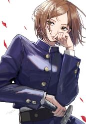 1girl absurdres brown_eyes brown_hair claw_hammer commentary_request expressionless hammer high-waist_skirt highres holding holding_hammer holding_nail jujutsu_kaisen jujutsu_tech_uniform kugisaki_nobara nail nail_(hardware) petals pomu_(joynet) rose_petals school_uniform short_hair simple_background skirt solo white_background wind