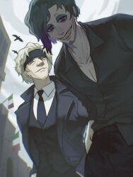 2boys absurdres bird black_hair black_headband black_jacket black_necktie black_pants black_shirt blonde_hair blue_lock blue_sky closed_mouth collared_shirt crow don_lorenzo green_eyes hands_in_pockets headband highres italian_flag jacket lalamelonflora long_hair long_sleeves looking_at_viewer makeup marc_snuffy multicolored_hair multiple_boys necktie open_clothes open_mouth open_shirt pants purple_eyes purple_hair shirt sky smile two-tone_hair white_shirt
