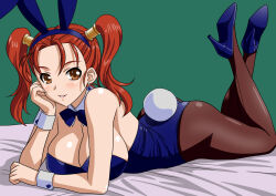 1girl animal_ears bare_shoulders bed blue_bow blue_leotard bow breasts cleavage covered_navel detached_collar dot_nose dragon_quest dragon_quest_viii earrings fake_animal_ears fake_rabbit_tail fake_tail female_focus green_background highleg highleg_leotard huge_breasts jessica_albert jewelry leotard looking_at_viewer lying matching_hair/eyes navel neck_ribbon on_bed on_stomach open_mouth pantyhose playboy_bunny rabbit_ears red_eyes red_hair red_ribbon ribbon skin_tight smile solo tail wrist_cuffs yuuyuu_(3jjbn)