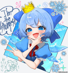 2girls :d absurdres asaka_haru123 blue_bow blue_dress blue_eyes blue_hair blush bow bowtie character_name circled_9 cirno clapping commentary_request commission crown daiyousei detached_wings dress english_text fang frilled_sleeves frills gold_crown hair_bow hand_on_own_chin highres ice ice_wings inward_v mini_crown multiple_girls notice_lines open_mouth pixiv_commission puffy_short_sleeves puffy_sleeves red_bow red_bowtie short_hair short_sleeves skin_fang smile snowflakes solo_focus sparkle speech_bubble stroking_own_chin touhou translation_request twitter_username v wings