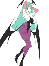 1girl animal_print armpits arms_up bare_shoulders bat_print bat_wings black_leotard breasts bridal_gauntlets cleavage closed_mouth clothing_cutout darkstalkers demon_girl fur-trimmed_leotard fur_trim green_eyes green_hair head_wings heart_cutout highleg highleg_leotard highres large_breasts leotard long_hair looking_at_viewer meke_(77842928) morrigan_aensland off-shoulder_leotard pantyhose print_pantyhose purple_pantyhose simple_background solo white_background wings