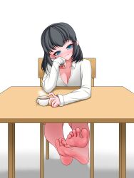 1girl absurdres barefoot black_hair blue_eyes blush breasts cleavage coffee feet highres long_hair looking_at_viewer sitting smile soles toes tsukasa49003 under_table white_background