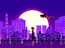 2girls animated animated_gif arms_behind_back artist_name black_footwear black_pants boots braid braided_ponytail breasts building chain-link_fence cityscape creator_connection crossover dithering empire-hotel fence flats flying from_side full_moon genderswap genderswap_(mtf) green_hair horns long_hair looping_animation lum midriff moon multiple_girls night night_sky outdoors pants pixel_art profile purple_theme ranma-chan ranma_1/2 red_hair saotome_ranma scenery single_braid sky skyscraper sleeveless urusei_yatsura walking walking_on_railing wide_shot
