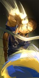 1boy absurdres azumane_asahi brown_hair closed_mouth facial_hair foreshortening furrowed_brow goatee haikyuu!! highres lee999nine male_focus no_humans serving_(sports) solo sweat v-shaped_eyebrows volleyball volleyball_net