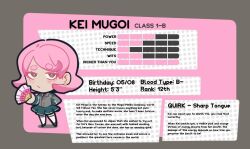 Rule 34 | 1boy, arm behind back, boku no hero academia, chibi, commentary, earrings, english commentary, english text, green skirt, grey jacket, hand fan, jacket, jewelry, necktie, original, pants, pink eyes, pink hair, red necktie, redringo188, school uniform, shirt, shoes, short hair, skirt, solo, star (symbol), star earrings, stats, thighhighs, u.a. school uniform, white shirt, white thighhighs
