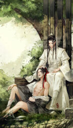 Rule 34 | 2boys, arm on knee, bandaged leg, bandages, bare pectorals, barefoot, bench, black hair, black hanfu, boots, chinese clothes, chinese commentary, closed eyes, closed mouth, foliage, full body, grass, hair ribbon, hand on lap, hanfu, headband, headpat, high ponytail, highres, lan wangji, leaning on person, long hair, long sleeves, male focus, modao zushi, multiple boys, nipples, no pants, on bench, open clothes, open mouth, outdoors, partially undressed, pectorals, ponytail, red ribbon, ribbon, single bare shoulder, sitting, smile, sweat, taifeng jun yijing qi zhi le, teeth, tree, upper teeth only, wei wuxian, white boots, white hanfu, white headband, wide sleeves, wooden bench, xiao guan (headdress)