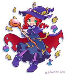 1girl andou_ringo boots capelet commentary_request dot_nose drill_hair fukumitsu_(kirarirorustar) full_body green_eyes hat holding holding_staff leaf long_sleeves looking_at_viewer poison_apple poison_ringo purple_boots purple_capelet purple_hat puyo_(puyopuyo) puyopuyo puyopuyo_quest red_hair robe signature simple_background solo staff torn_clothes torn_robe twin_drills witch_hat