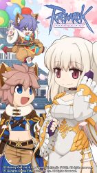 &gt;_&lt; 1girl 2boys :d animal_ears balloon barefoot belt blue_belt blue_eyes blue_pants blue_shirt blue_sky bow breasts brown_coat brown_gloves brown_hair brown_jacket brown_pants cardinal_(ragnarok_online) castle cat_boy cat_ears cat_tail cherry_blossoms chest_harness cleavage_cutout closed_mouth clothing_cutout coat copyright_notice cowboy_shot crop_top dress fake_wings fang fingerless_gloves frilled_sleeves frills fur-trimmed_sleeves fur_coat fur_collar fur_trim gloves golden_wings grey_dress grey_hair harness highres jacket logo long_dress long_hair long_sleeves marin_(ragnarok_online) medium_breasts midriff multicolored_pants multiple_boys navel official_art official_wallpaper open_mouth outdoors pants pelvic_curtain pink_eyes poring purple_gloves ragnarok_online red_bow shirt short_hair shrug_(clothing) side_slit sky smile spirit_handler_(ragnarok_online) split_mouth tail tail_bow tail_ornament two_side_up wind_hawk_(ragnarok_online) wings yuichirou