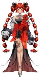 1girl ahoge black_dress bond_en bondlive closed_mouth dark-skinned_female dark_skin detached_hair dress flower_tattoo full_body grey_shoes hair_between_eyes leg_tattoo long_hair long_sleeves lycoris_the_crimson_widow official_art orange_eyes puffy_long_sleeves puffy_sleeves red_hair shoes simple_background sleeves_past_fingers sleeves_past_wrists smile solo standing tachi-e tattoo transparent_background twintails very_long_hair virtual_youtuber