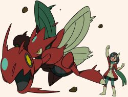 1girl :d arm_up black_eyes black_hair blue_pantyhose boots clenched_hands dress full_body gen_2_pokemon gloves green_scarf hair_ornament nintendo official_alternate_costume open_mouth pantyhose pokemon pokemon_(creature) pokemon_masters_ex red_dress rock scarf scizor selene_(pokemon) selene_(special_costume)_(pokemon) short_hair smile two-tone_dress tyako_089 white_background white_dress white_footwear white_gloves