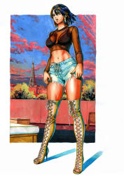 1girl absurdres black_hair blue_shorts boots breasts building cloud cloudy_sky commentary crop_top cutoffs denim denim_shorts earrings eiffel_tower fubuki_(one-punch_man) full_body green_eyes green_nails groin high_heel_boots high_heels highres jewelry lace-up_boots legs lipstick long_sleeves makeup marker_(medium) midriff nail_polish navel official_style one-punch_man open-toe_boots outdoors short_shorts shorts sky solo sunset thick_thighs thigh_boots thighhighs thighs traditional_media tree