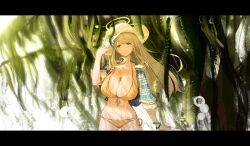 1girl absurdres bikini blue_archive blush breasts brown_hair cleavage closed_mouth commentary english_commentary flower green_eyes green_halo halo hand_up hat hat_flower highres large_breasts letterboxed long_hair navel nonomi_(blue_archive) nonomi_(swimsuit)_(blue_archive) official_alternate_costume side-tie_bikini_bottom smile solo string_bikini sun_hat swimsuit tagua thighs white_hat yellow_bikini