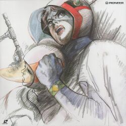 1970s_(style) 1boy 1girl absurdres bodysuit cape clenched_hand gatchaman gloves gun highres holding holding_gun holding_weapon jun_the_swan ken_the_eagle looking_up non-web_source official_art oldschool retro_artstyle scan tatsunoko_production traditional_media upper_body weapon