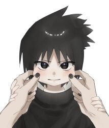 1boy :i absurdres black_eyes black_hair black_nails blush cheek_pinching grabbing_another&#039;s_hand highres naruto_(classic) naruto_(series) pinching pov short_hair simple_background solo_focus uchiha_sasuke user_znpm8485 white_background