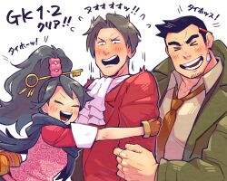 &gt;_&lt; 1girl 2boys ace_attorney ace_attorney_investigations ascot closed_eyes coat collared_shirt dick_gumshoe flying_sweatdrops green_coat high_ponytail highres hug jacket kay_faraday male_focus miles_edgeworth multiple_boys necktie pencil_behind_ear pink_shirt ponytail red_jacket red_necktie scarf shirt surprised teeth translation_request white_ascot yowasabimechaoc