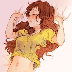 1girl animification blush brown_hair closed_eyes clothes_lift genderswap genderswap_(mtf) long_hair midriff morticia_smith morty_smith navel rick_and_morty sexually_suggestive shirt solo yellow_shirt