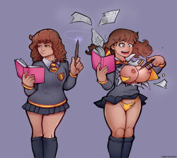 Rule 34 | 1girl, accidental exposure, artist name, black socks, black sweater, book, breast expansion, breasts, breasts out, brown hair, collared shirt, grey background, harry potter (series), hermione granger, highres, holding, holding book, holding wand, large breasts, long hair, markydaysaid, micro panties, miniskirt, multiple views, necktie, nipples, open book, open mouth, panties, school uniform, shirt, signature, simple background, skirt, socks, standing, striped necktie, sweater, underwear, undressing, wand, wavy hair, white shirt, wizarding world, yellow panties