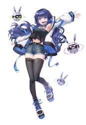 Rule 34 | 1girl, absurdres, arm up, armpit focus, armpits, bare shoulders, belt, black choker, black shirt, black thighhighs, blue eyes, blue hair, blue shorts, choker, commentary, criss-cross halter, crop top, crop top overhang, drone, english commentary, floating hair, full body, halterneck, hayo (dydgk6664), highleg, highres, jacket, long hair, long sleeves, looking at viewer, midriff, navel, open clothes, open jacket, open mouth, original, outstretched arms, shirt, shoes, short shorts, shorts, simple background, sleeveless, sleeveless shirt, smile, sneakers, solo, thigh strap, thighhighs, very long hair, white background, white jacket