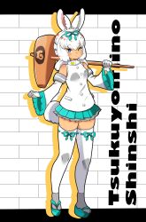 Rule 34 | 1girl, animal ears, bare shoulders, blue bow, blue eyes, blue sandals, blue skirt, blush, bow, bow legwear, detached sleeves, frilled skirt, frilled sleeves, frills, gloves, grey socks, hair between eyes, hair bow, heterochromia, high collar, highres, japari symbol, kemono friends, kine, mallet, okobo, penchuan qi, platform sandals, pleated skirt, rabbit ears, rabbit girl, rabbit tail, sandals, shirt, short hair, sidelocks, skirt, socks, solo, tail, thighhighs, tsukuyomi shinshi (kemono friends), white gloves, white hair, white shirt, white sleeves, white thighhighs, yellow eyes, zettai ryouiki