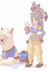 1girl alpaca_costume blue_dress blue_eyes blush bottle breasts commentary_request cross cross_necklace dress full_body grey_hair highres jewelry juliet_sleeves long_hair long_sleeves looking_at_viewer medium_breasts milk_bottle necklace open_mouth pouch priest_(ragnarok_online) puffy_sleeves raccoon ragnarok_online ragnarok_origin saba_(loki) simple_background solo sweat white_background