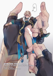 2boys abs anal aqua_shirt aventurine_(honkai:_star_rail) black_footwear black_jacket blonde_hair blush bracelet collared_shirt cotton_swab dr._ratio_(honkai:_star_rail) fingerless_gloves fur_trim gloves hair_between_eyes honkai:_star_rail honkai_(series) jacket jewelry male_focus midriff mini_person miniboy minoru_(minoru_uwutemp) multiple_boys navel out_of_frame shirt short_hair shrinking simple_background socks speech_bubble watch wristwatch yaoi