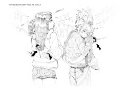 aarokira absurdres arrow_(symbol) candy_apple carrying carrying_person child cloud_strife couple english_text festival final_fantasy final_fantasy_vii food greyscale hetero highres monochrome pants saliva shorts sleeping tifa_lockhart