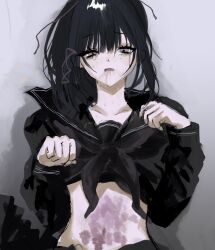 1girl akai_ringo_(eveyuno) black_hair bruise bruise_on_stomach clothes_lift grey_background hair_ribbon high_ponytail highres injury looking_down original ponytail ribbon school_uniform shirt_lift vomit