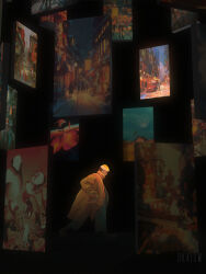 Rule 34 | 6+others, alley, artist self-insert, car, city, coat, dkaism, floating, floating object, full body, hand in pocket, hat, house, inset, lamppost, motor vehicle, multiple others, orange coat, original, painterly, painting (object), road, silhouette, slouching, street, surreal, wall lamp