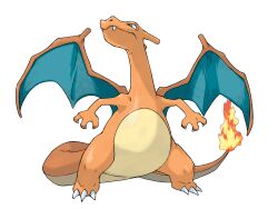 animal_focus blue_eyes charizard claws closed_mouth dragon dragon_wings fangs fire flame-tipped_tail full_body gen_1_pokemon highres looking_up nintendo no_humans official_art pokemon pokemon_(creature) pokemon_focus pokemon_frlg solo sugimori_ken tail third-party_source transparent_background v-shaped_eyes wings