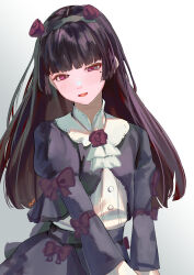 1girl black_hair black_shirt black_skirt blunt_bangs bow collared_shirt flower gokou_ruri gothic_lolita gradient_background grey_background hair_flower hair_ornament hairband highres lolita_fashion long_hair long_sleeves looking_at_viewer mole mole_under_eye open_mouth ore_no_imouto_ga_konna_ni_kawaii_wake_ga_nai purple_bow purple_eyes rurikon shirt shirt_under_shirt skirt solo too_many_bows white_shirt