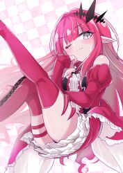 Rule 34 | 1girl, absurdres, baobhan sith (fate), baobhan sith (first ascension) (fate), bare shoulders, blush, boots, breasts, center frills, detached collar, detached sleeves, dress, fate/grand order, fate (series), frills, grey eyes, highres, long hair, looking at viewer, medium breasts, meggut 2521, one eye closed, pink hair, pointy ears, red boots, red dress, sidelocks, smile, solo, thigh boots, tiara