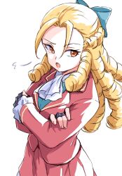 1girl :o ascot black_gloves blonde_hair blue_bow bow crossed_arms drill_hair fingerless_gloves gloves hair_bow highres ikaringo_(ikaringo4444) jacket kanzuki_karin long_hair long_sleeves open_mouth puff_of_air red_eyes red_jacket red_skirt skirt solo street_fighter white_ascot white_background