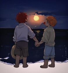 2boys aged_down barefoot blue_shorts brown_shorts buggy_the_clown clown_nose hat highres holding holding_hands holding_unworn_clothes holding_unworn_hat male_focus multiple_boys ocean one_piece outdoors red_hair shanks_(one_piece) shore short_hair shorts signature sunset unworn_hat unworn_headwear vamos_mk
