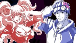 1boy 1girl ace_attorney arm_up bear_hair_ornament breasts capcom cleavage danganronpa_(series) enoshima_junko facial_hair hair_ornament hat hood hoodie jewelry large_breasts long_hair looking_at_viewer nail_polish necktie pendant phoenix_wright short_hair skindentation twintails upper_body