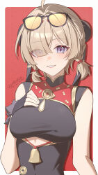1girl border breasts brown_hair character_request china_dress chinese_clothes cleavage dress eyewear_on_head grin highres large_breasts looking_at_viewer purple_eyes red_background smile so_zei_tama_tama solo sweety_(zenless_zone_zero) teeth upper_body white_border zenless_zone_zero