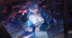 Rule 34 | 1girl, absurdres, against glass, alternate costume, blue eyes, blue jacket, breasts, cantarella (wuthering waves), cleavage, collarbone, commentary, dress, facial mark, from outside, hair between eyes, hand on glass, highres, jacket, large breasts, long hair, long sleeves, looking at viewer, mark under eye, parted lips, purple hair, single off shoulder, solo, waltz w me, white dress, window, wuthering waves