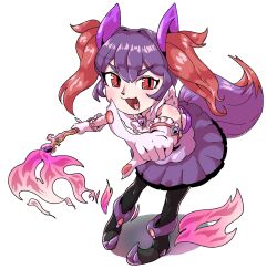 Rule 34 | 1girl, :d, alternate color, animal ears, black pantyhose, black shoes, braixen, dress, fang, fire, fox ears, fox girl, fox tail, full body, gen 6 pokemon, gloves, highres, holding, holding staff, looking at viewer, nintendo, open mouth, pantyhose, pawpads, personification, pink fire, pokemon, pokemon (creature), positibe, purple dress, purple hair, red eyes, red hair, shiny pokemon, shoes, simple background, skin fang, smile, solo, staff, standing, tail, white background, white gloves