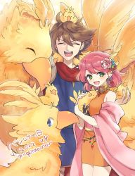 1boy 1girl animal animal_on_head bare_shoulders bartz_klauser bird bird_on_head blue_eyes blue_tunic boco breasts brown_hair chocobo closed_eyes cowboy_shot dress earrings feather_hair_ornament feathers final_fantasy final_fantasy_v flower green_eyes hair_between_eyes hair_flower hair_ornament halter_dress halterneck holding holding_animal holding_bird jewelry lenna_charlotte_tycoon medium_breasts medium_hair neck_ribbon necklace negitoro_now on_head open_mouth orange_dress pink_hair pink_shawl red_scarf ribbon scarf shawl short_dress short_hair smile standing teeth tunic twitter_username upper_teeth_only