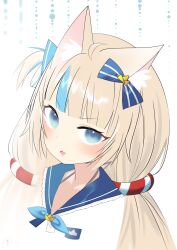 1girl animal_ear_fluff animal_ears blonde_hair blue_collar blue_eyes blue_hair cat_ears collar frilled_shirt_collar frills highres indie_virtual_youtuber long_hair looking_at_viewer low_twintails multicolored_hair open_mouth sameko_saba smile solo streaked_hair twintails very_long_hair virtual_youtuber yukishigurecchi