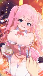 Rule 34 | 1girl, 1other, alcohol, areola slip, arm under breasts, bare shoulders, beer, beer mug, bikini, black shoes, blue eyes, blurry, blush, bow, bowtie, breasts, bust cup, cleavage, collar, commission, cup, depth of field, detached collar, detached sleeves, dress, drinking glass, drunk, embarrassed, food, frilled dress, frilled sleeves, frills, hair ribbon, highres, holding, indoors, large breasts, long hair, looking at viewer, mug, nose blush, on floor, open mouth, original, panties, pink dress, pink hair, pov, pov hands, red bow, red bowtie, red ribbon, ribbon, shiro9jira, shoes, sitting, skeb commission, smile, solo focus, spill, swimsuit, thighhighs, twintails, underwear, wakamezake, wariza, wet, white collar, white thighhighs, wide sleeves