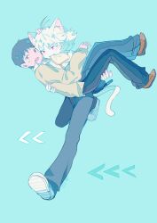 2boys animal_ears blue_background blue_pants bread bread_slice brown_hair brown_shoes caki carrying carrying_person cat_boy cat_ears cat_tail chinese_commentary collared_shirt commentary_request food food_in_mouth full_body hand_on_another&#039;s_head highres ikari_shinji long_sleeves looking_ahead male_focus mouth_hold multiple_boys nagisa_kaworu neon_genesis_evangelion nervous_sweating open_mouth pants princess_carry red_eyes running shirt shoes sneakers sweat sweater tail teeth toast toast_in_mouth white_hair white_shirt wing_collar yellow_sweater