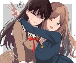 2girls bang_dream! bang_dream!_it&#039;s_mygo!!!!! blue_eyes brown_hair closed_mouth da_ge_xiao_xian hanasakigawa_school_uniform highres hug lipstick_mark long_hair multiple_girls nagasaki_soyo one_eye_closed open_mouth purple_eyes ribbon school_uniform shiina_taki tsukinomori_school_uniform v yuri